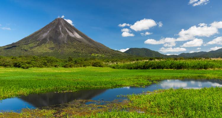 Une vue éclatante du volcan Arenal avec un ciel bleu et des plaines vertes.