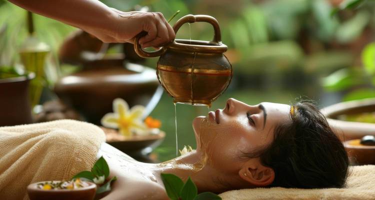 Una escena serena de un masaje con aceite ayurvédico en la frente de una mujer.