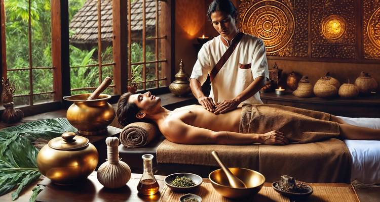 Un hombre recibiendo un masaje relajante en un entorno tradicional.