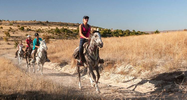 Groupe de personnes faisant de l'équitation sur un sentier.
