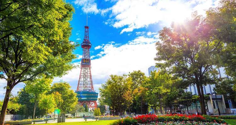 La Torre de TV de Sapporo se eleva sobre un parque frondoso con macizos de flores brillantes bajo un cielo azul resplandeciente.