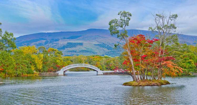 Calm lake with small autumn-tinted island and white arched bridge set before gentle mountain.