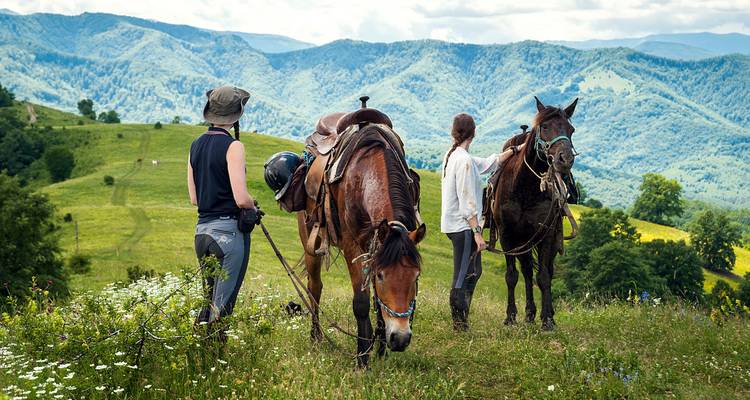 Deux personnes avec des chevaux sur un pré de montagne.