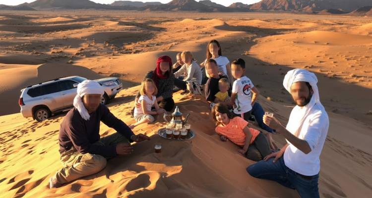 Un groupe de personnes profitant d'un pique-nique sur des dunes de sable avec un véhicule visible.