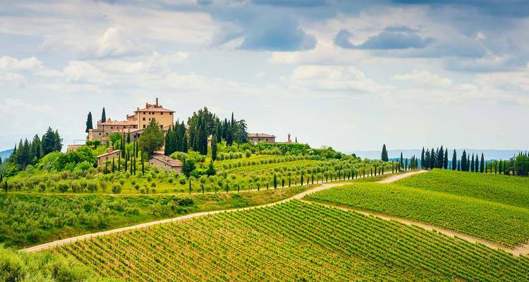 Des vignobles vallonnés et un domaine de style toscan au sommet d'une colline douce sous un ciel partiellement nuageux