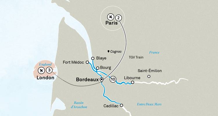 Carte décrivant l'itinéraire de voyage entre Paris et Bordeaux avec les arrêts principaux et les icônes de transport