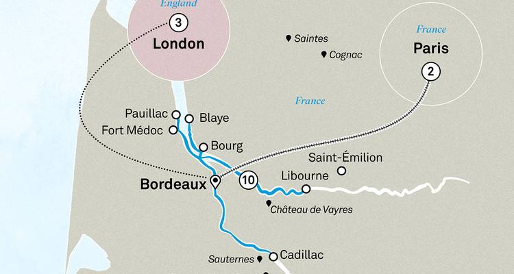 Carte d'itinéraire représentant Londres et la croisière fluviale dans la région viticole de Bordeaux