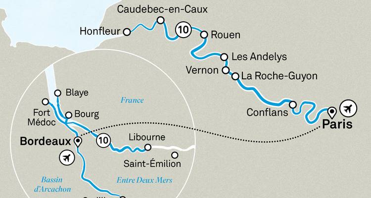 Map depicting combined Seine and Bordeaux river cruise route with key towns highlighted