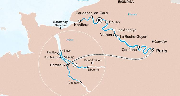 Carte à double cercle reliant les itinéraires de croisière Paris-Bordeaux à travers la Normandie et l'estuaire de la Gironde.