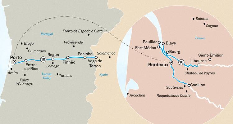 Nebeneinander liegende Karte mit der Douro-Tal-Route von Porto und Bordeaux-Weinkreuzfahrt von Bordeaux.