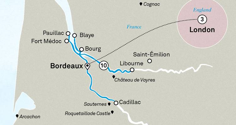 Bordeaux wijncruise kaart met London vluchtverbinding met nadruk op Médoc en Saint-Émilion.
