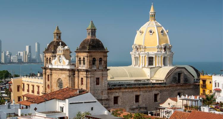 Una panorámica de una catedral histórica con el horizonte de la ciudad al fondo.