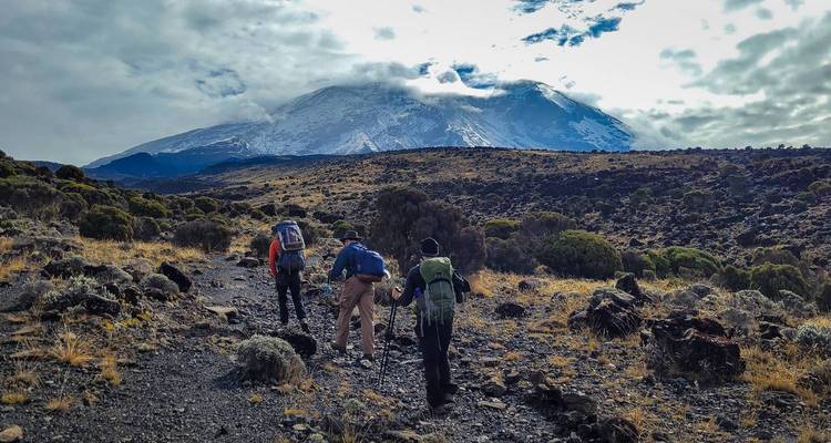 Des randonneurs remontant un sentier de montagne.