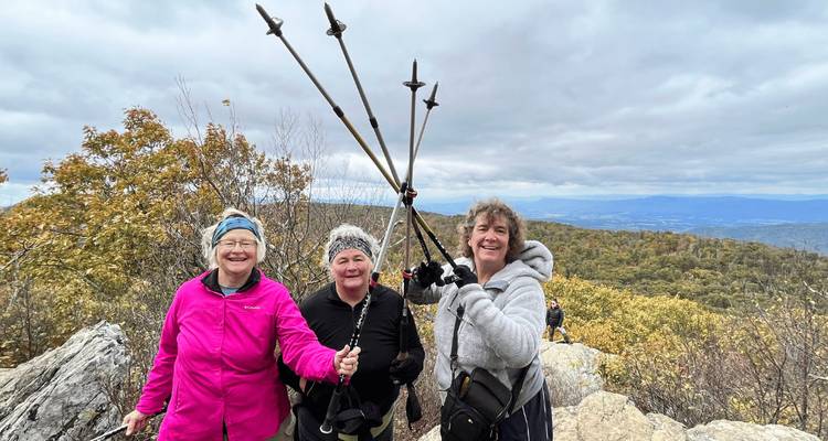 Tres excursionistas con bastones en una cima con follaje otoñal.