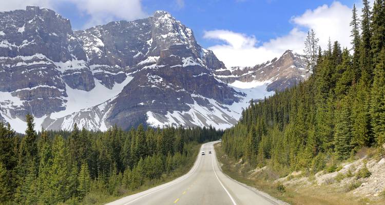 Carretera escénica que lleva a montañas nevadas.