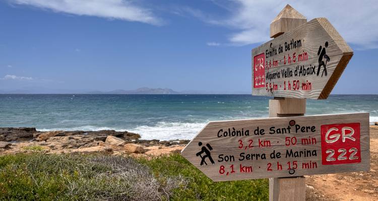 Poteaux indicateurs en bois sur un sentier côtier indiquant des itinéraires de randonnée avec une vue panoramique sur l'océan.