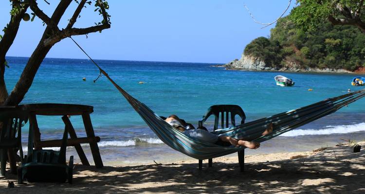 Un voyageur se détend dans un hamac suspendu entre des arbres sur une plage tranquille des Caraïbes.