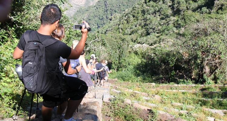 Wandelaars dalen af via smalle stenen treden door weelderige groene Andesterrassen terwijl één persoon filmt met een camera.