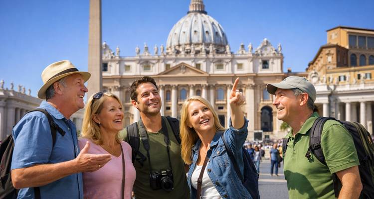Groupe de touristes avec la basilique Saint-Pierre en arrière-plan.