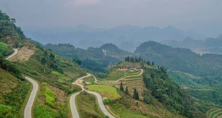 Slingerende bergweg met weelderig groen.