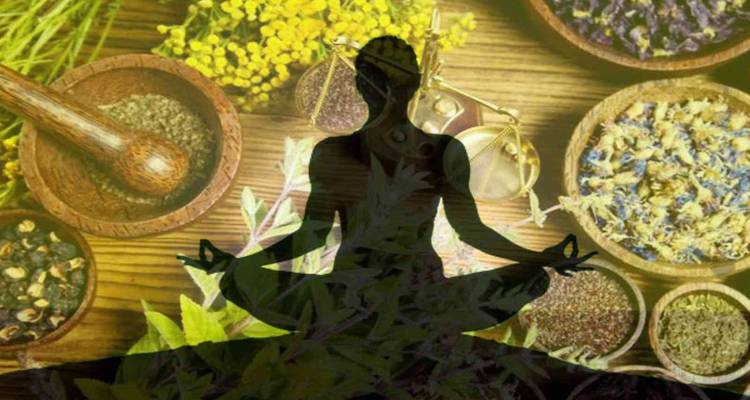 Abstract beeld van een persoon in meditatiehouding met kruiden.