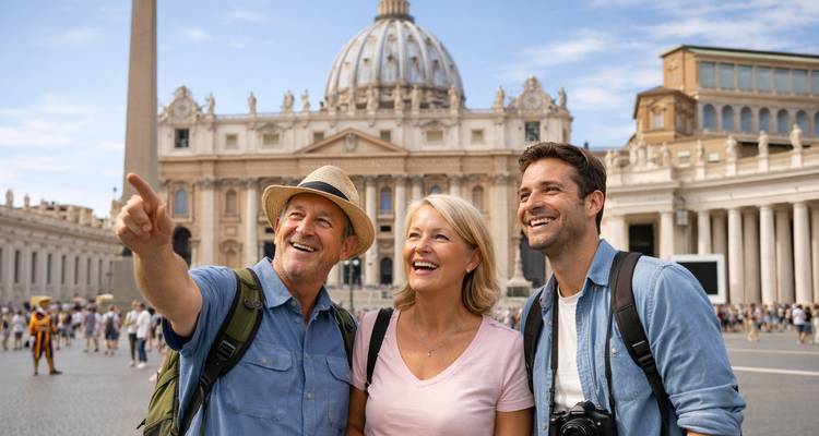 Toeristen die poseren voor de Sint-Pietersbasiliek in Vaticaanstad.