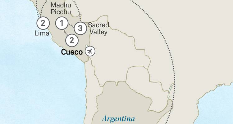 Mapa de itinerario simplificado que destaca Lima, Cusco, Valle Sagrado y Machu Picchu en Perú