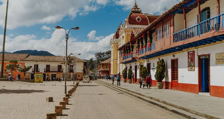 Farbenfrohe historische Gebäude entlang einer Kopfsteinpflasterstraße.