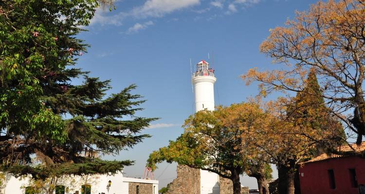 Un phare entouré d'arbres et de bâtiments historiques sous un ciel bleu.