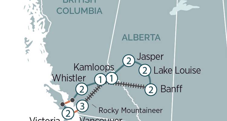 Carte régionale mettant en évidence les arrêts entre Vancouver et Banff au Canada.