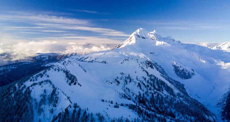Picos y crestas cubiertas de nieve de una cordillera se elevan bajo un cielo invernal azul profundo.