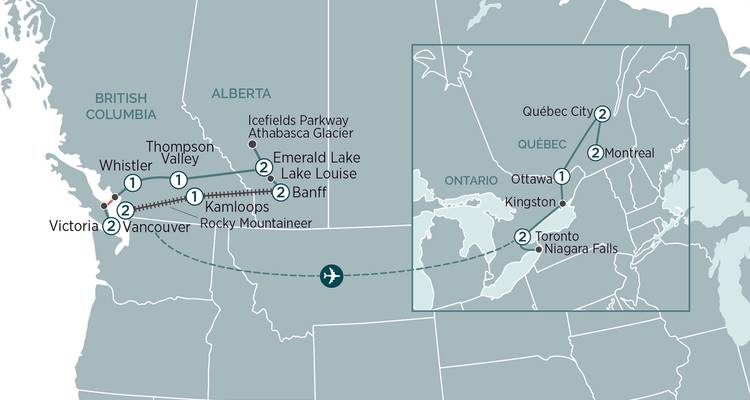 Carte d'itinéraire illustrant un tour de l'Ouest canadien à travers Vancouver, Whistler, les Rocheuses et les villes de l'est.