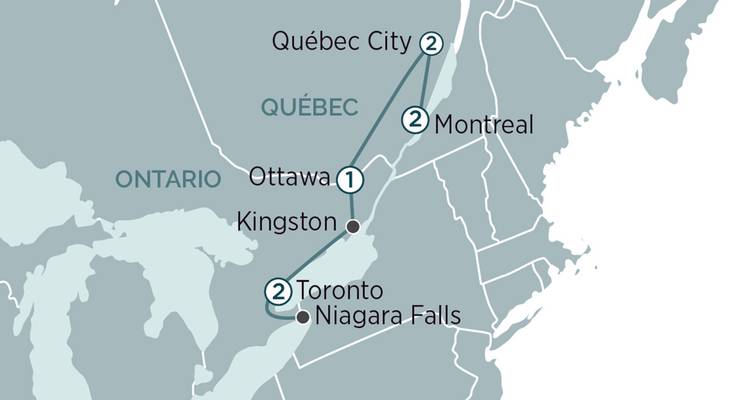 Graphic map outlining a travel loop from Toronto to Niagara Falls, Kingston, Ottawa, Montreal and Quebec City.