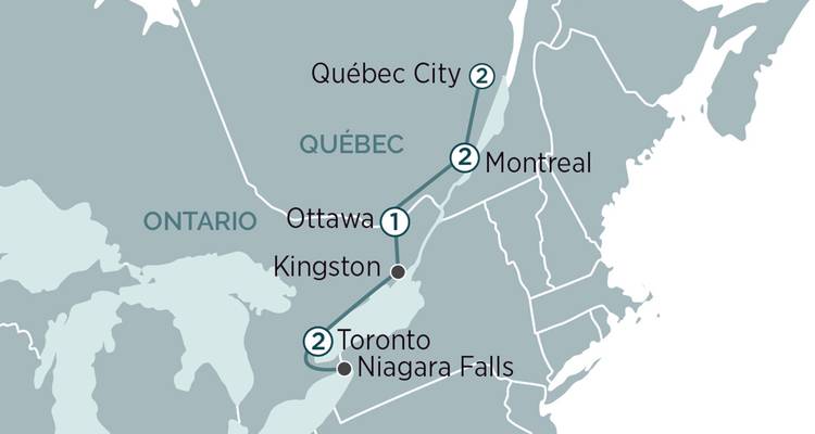 Carte simplifiée se concentrant sur un itinéraire de l'Est du Canada reliant Toronto, Ottawa, Montréal et Québec.