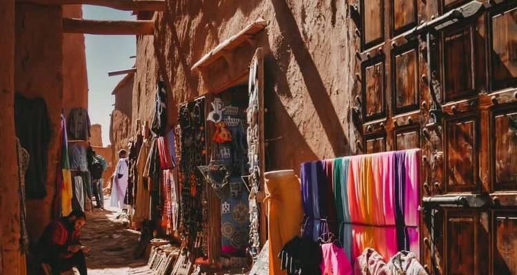 Eine bunte Marktgasse mit traditionellen marokkanischen Textilien und Kunsthandwerk in der Auslage.