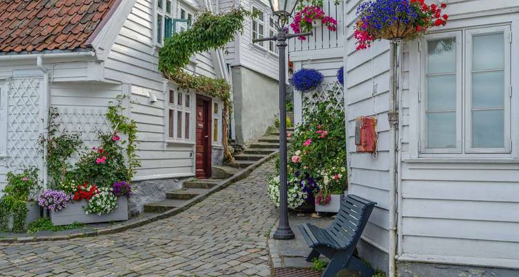 Callejón pintoresco bordeado de flores en un pueblo histórico.