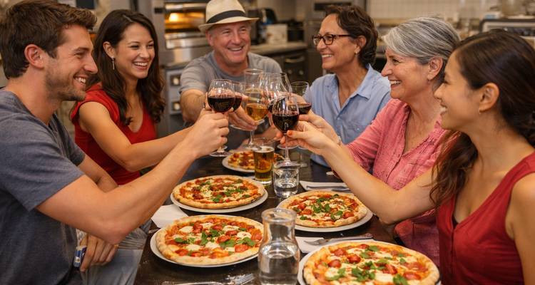 Groupe de personnes trinquant avec des verres de vin au-dessus d'une pizza.