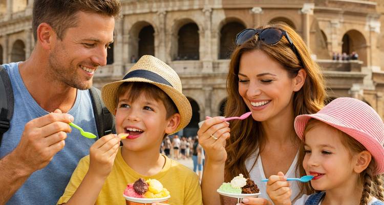 Famille souriante savoure des coupes de gelato colorées avec les arches floues du Colisée en arrière-plan.