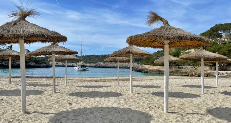 Plage de sable avec des parasols en paille et un bateau au loin.