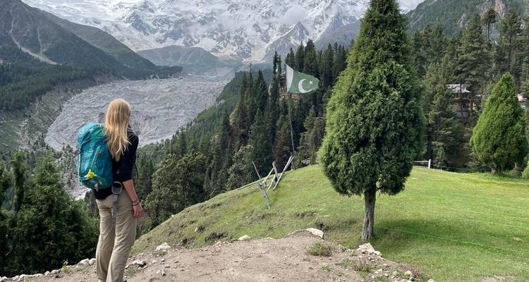 Une personne regardant un paysage de montagne et de glacier avec un drapeau.