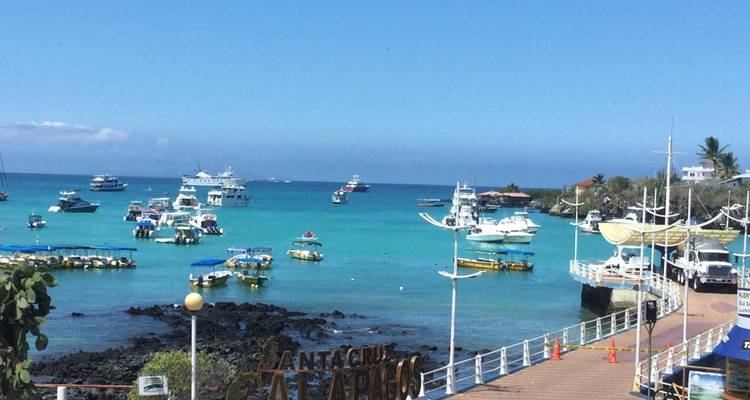Harbor with boats and calm turquoise water in the Galapagos.