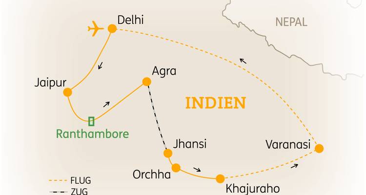 Carte de l'Inde avec destinations de voyage et itinéraires marqués.