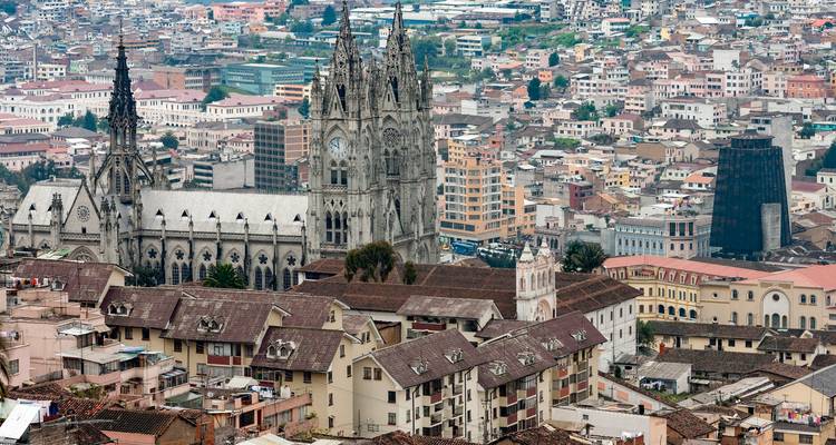 Blick auf eine große Kathedrale inmitten von Stadtgebäuden.