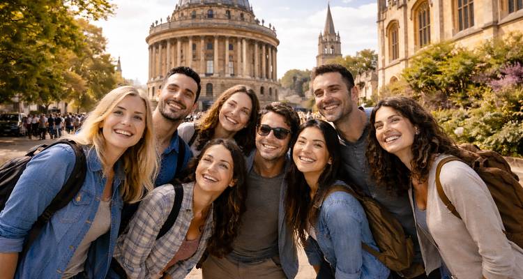 Groupe de personnes souriantes devant un bâtiment historique à Oxford.