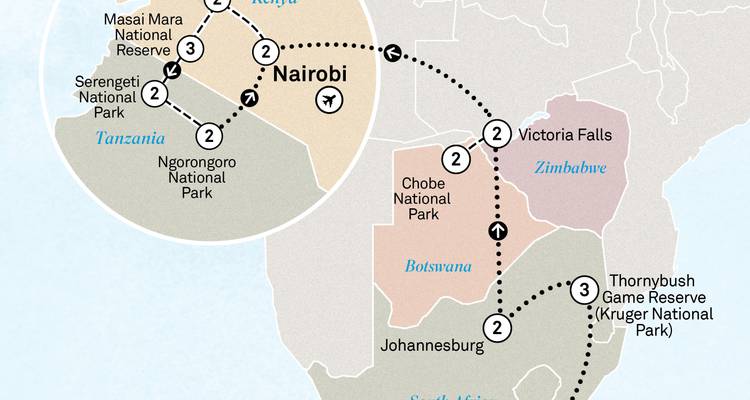 Illustrierte Karte mit einer mehrtägigen ostafrikanischen Safari-Reiseroute durch mehrere Länder.
