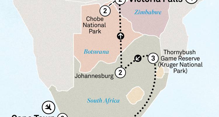Carte mettant en évidence un itinéraire de voyage en Afrique australe.