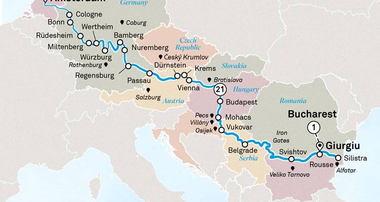 Mapa de crucero paneuropeo Danubio-Meno-Rin desde Ámsterdam a Bucarest pasando por numerosas ciudades fluviales.
