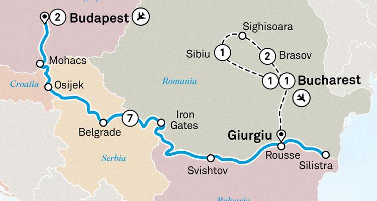 Tourkaart die een reis van Boedapest door Roemenië met zijreizen belicht.