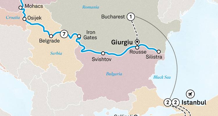 Reisroutekaart die een cruise van Boedapest naar Istanbul via de Zwarte Zee volgt.