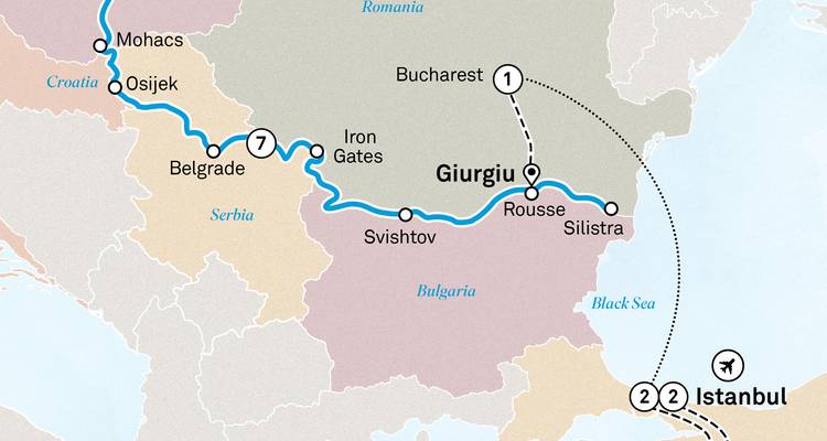 Geïllustreerde routekaart met een Donau-cruise route van Boedapest naar Istanbul met aangegeven stops.
